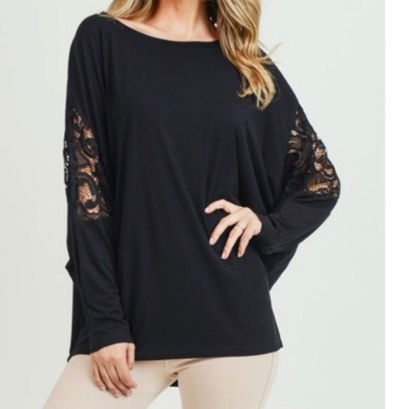 Tops - SALE! Lace Dolman Sleeve Black Top